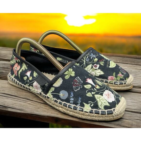 GUCCI Black Floral Espadrilles Summer Slip On Sandals Womens Size 6 Fast Ship - Picture 1 of 14